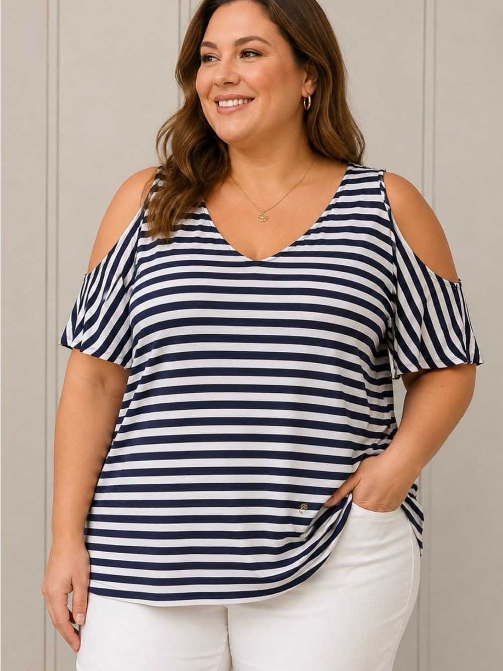 Michael Kors Blue & White Striped Cold Shoulder Top with gold accents
